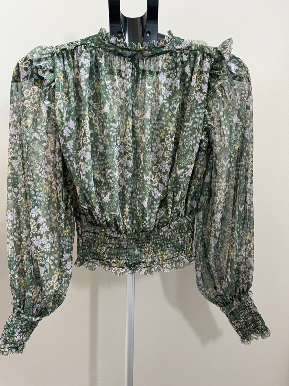 Free People Twyla Green Floral Tie-Front Shirred Waist Blouse - Size Small - Picture 11 of 11